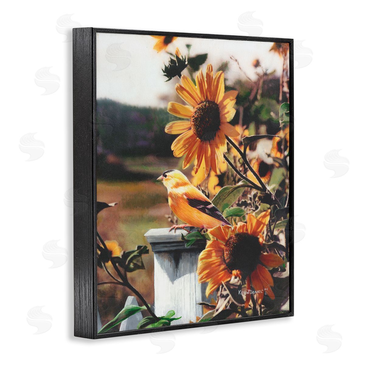 Canary Bird & Sunflowers Black Frame Print Wall Art, Home Decor by Kevin Daniel