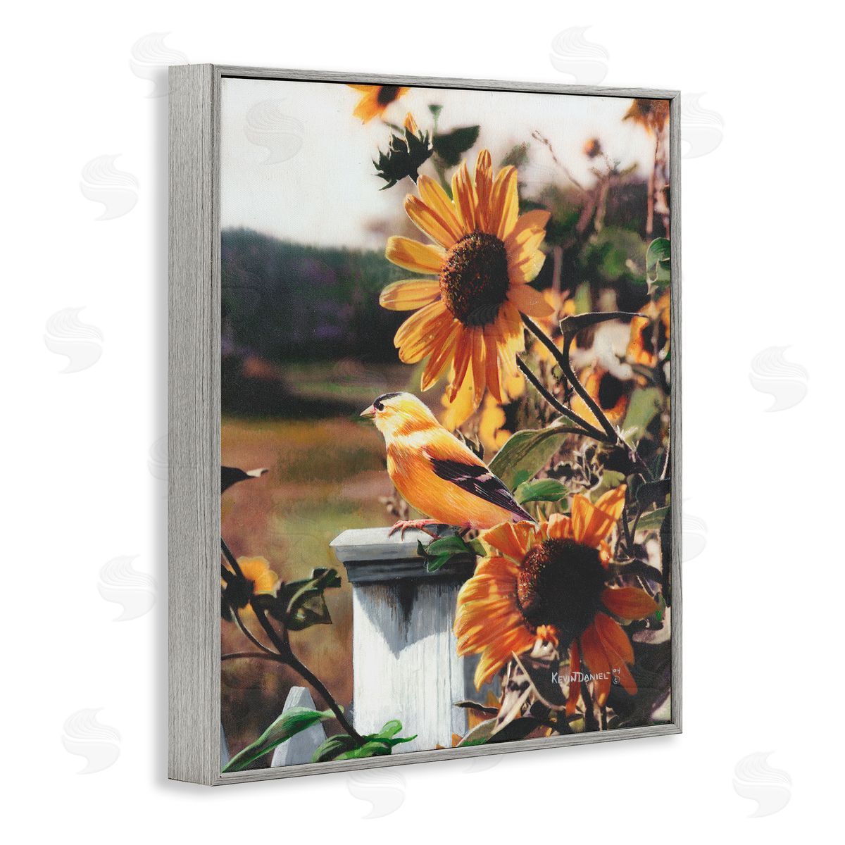 Canary Bird & Sunflowers Grey Frame Print Wall Art, Home Decor by Kevin Daniel