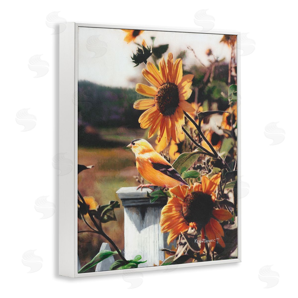 Canary Bird & Sunflowers White Frame Print Wall Art, Home Decor by Kevin Daniel