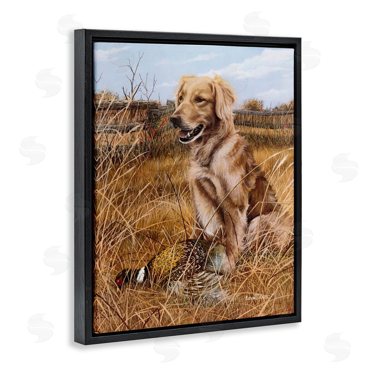Hunting Dog & Pheasant Black Floating Frame Canvas Wall Art, Home Decor by Kevin Daniel