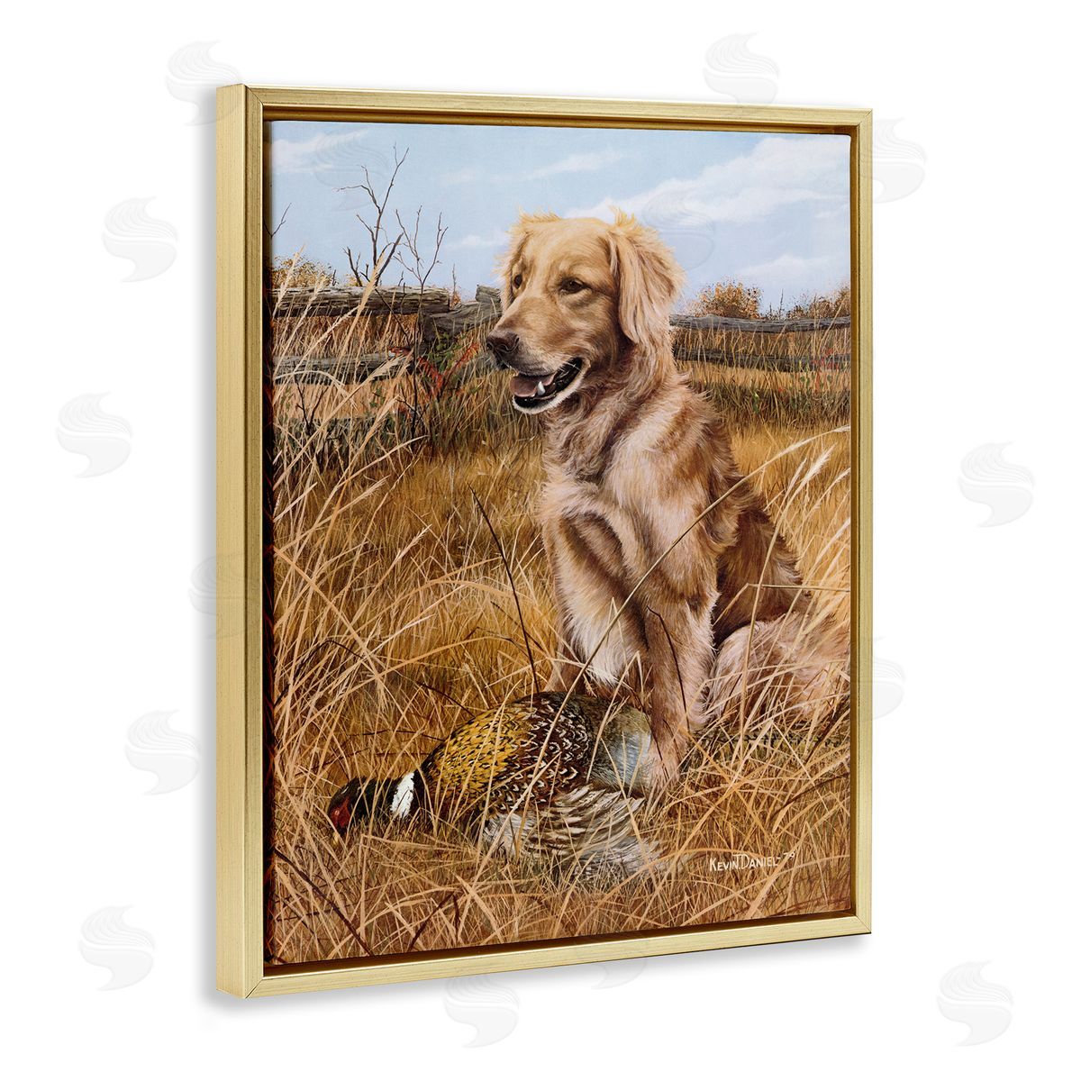 Hunting Dog & Pheasant Gold Floating Frame Canvas Wall Art, Home Decor by Kevin Daniel