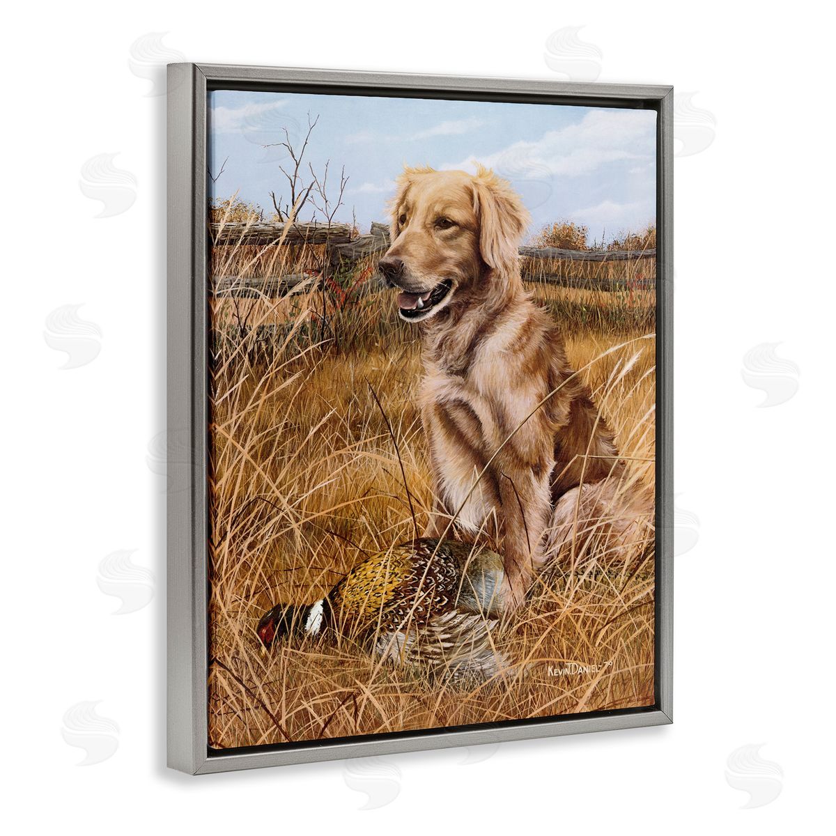 Hunting Dog & Pheasant Grey Floating Frame Canvas Wall Art, Home Decor by Kevin Daniel