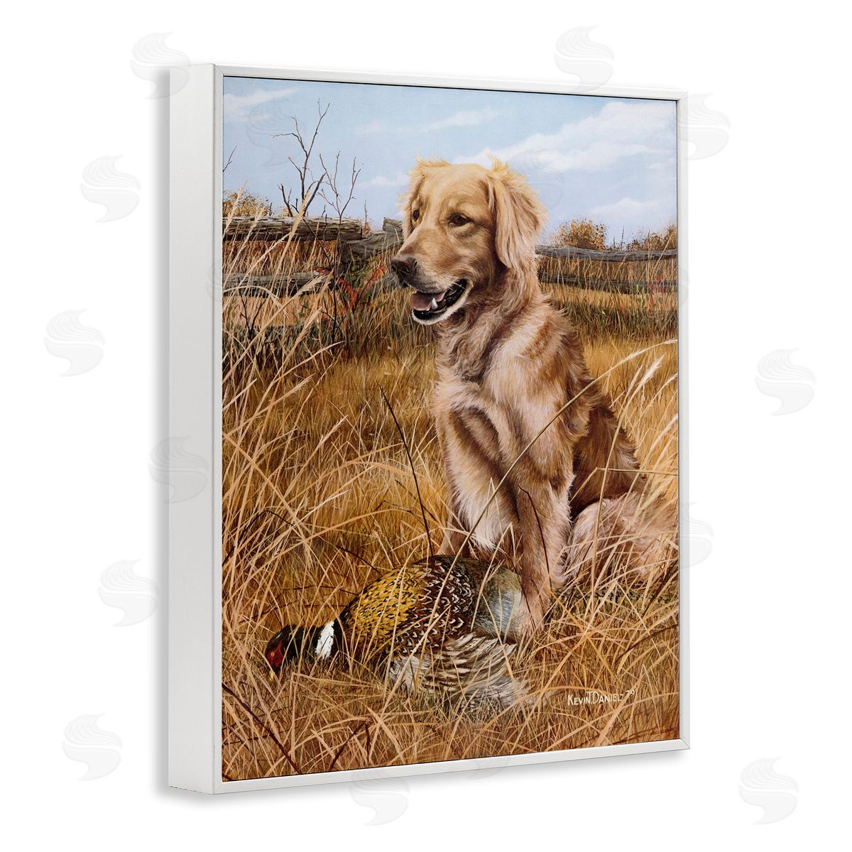 Hunting Dog & Pheasant White Frame Print Wall Art, Home Decor by Kevin Daniel