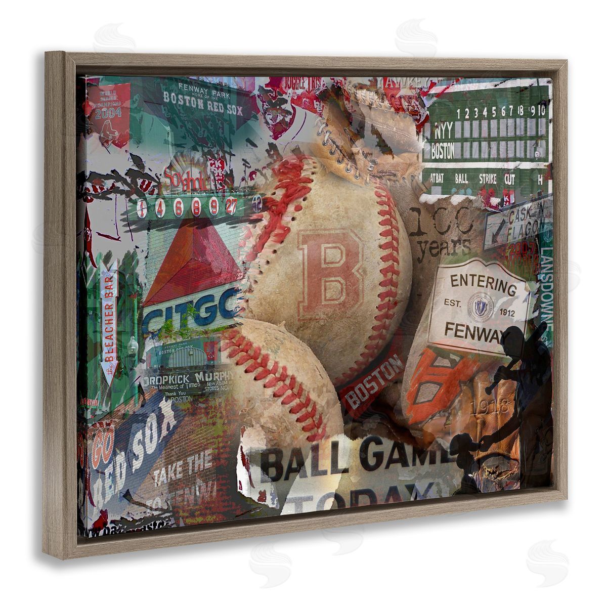 Entering Fenway Baseball Collage Brown Floating Frame Canvas Wall Art, Home Decor by Graffi*tee Studios