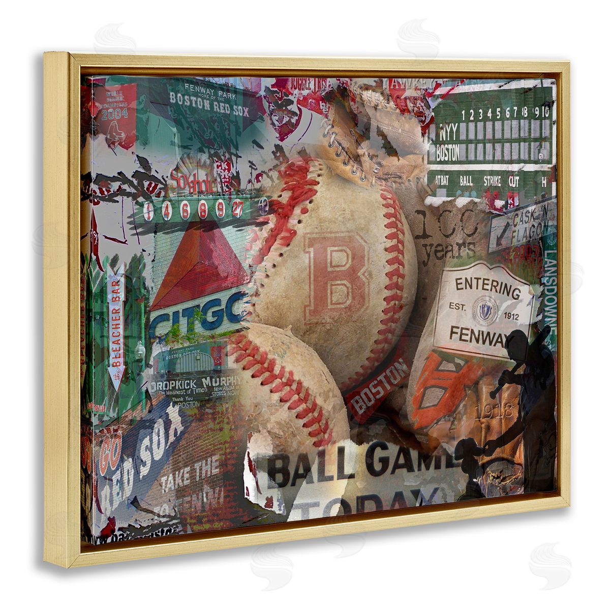 Entering Fenway Baseball Collage Gold Floating Frame Canvas Wall Art, Home Decor by Graffi*tee Studios