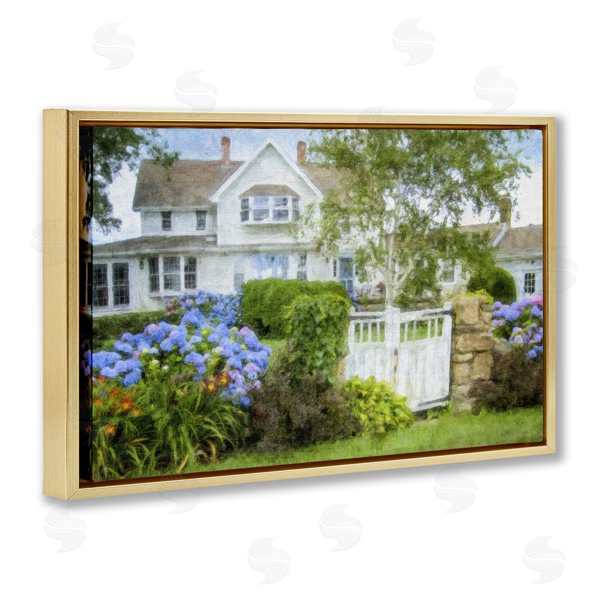 Beach Getaway Cottage Gold Floating Frame Canvas Wall Art, Home Decor by Graffi*tee Studios