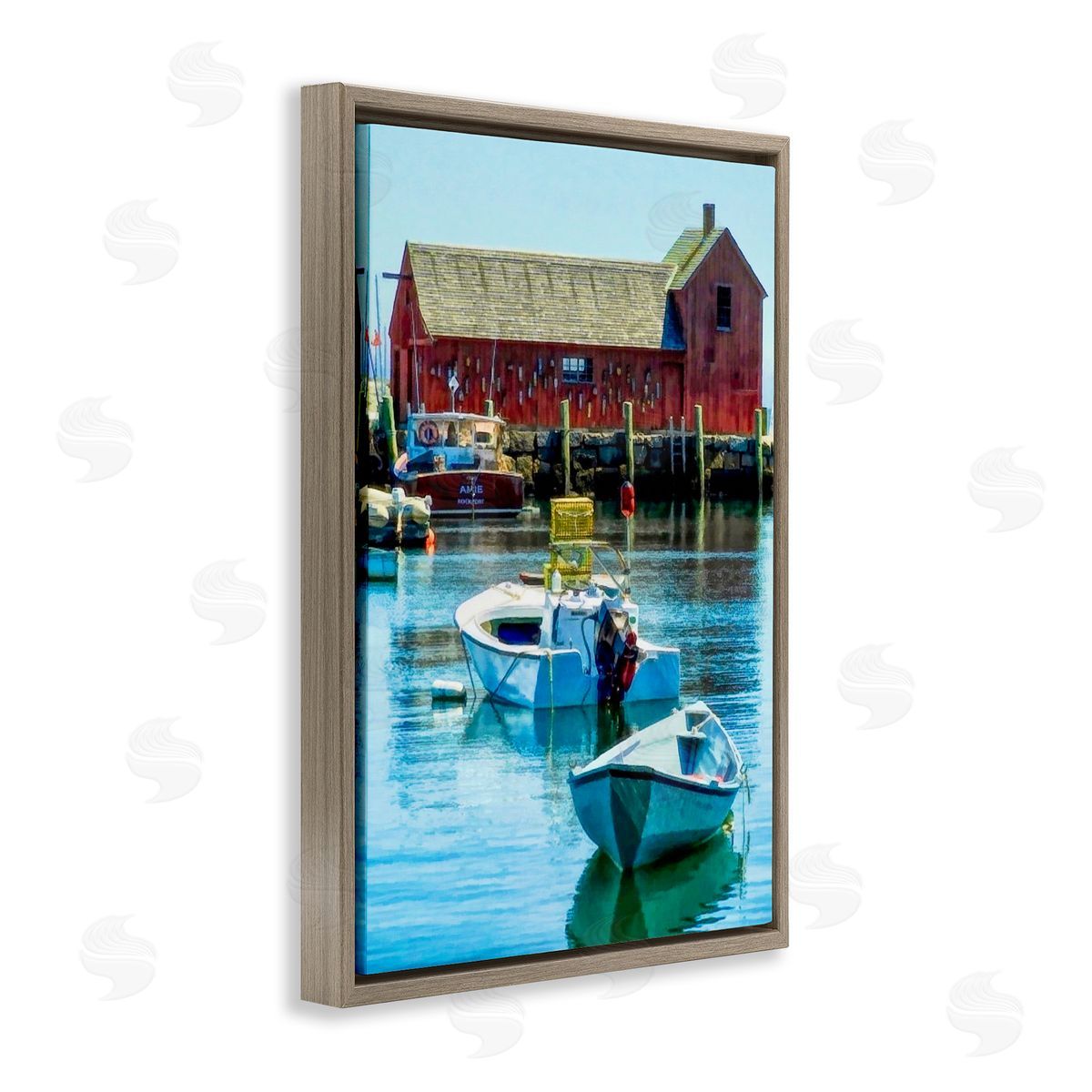 Tranquil Boat Harbor Brown Floating Frame Canvas Wall Art, Home Decor by Graffi*tee Studios