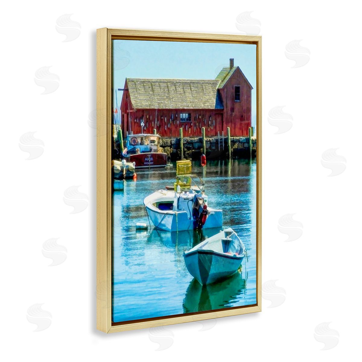 Tranquil Boat Harbor Gold Floating Frame Canvas Wall Art, Home Decor by Graffi*tee Studios
