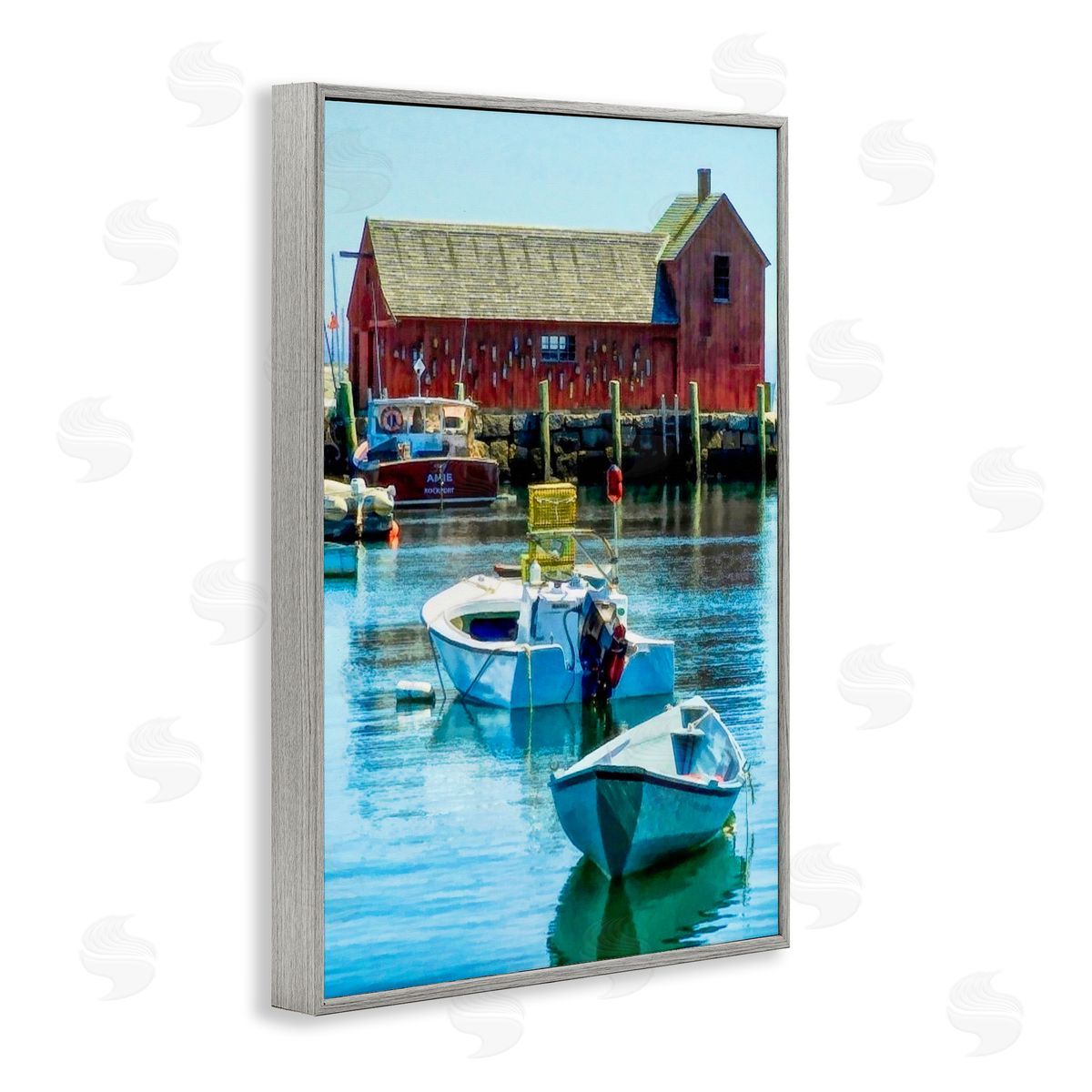 Tranquil Boat Harbor Grey Frame Print Wall Art, Home Decor by Graffi*tee Studios