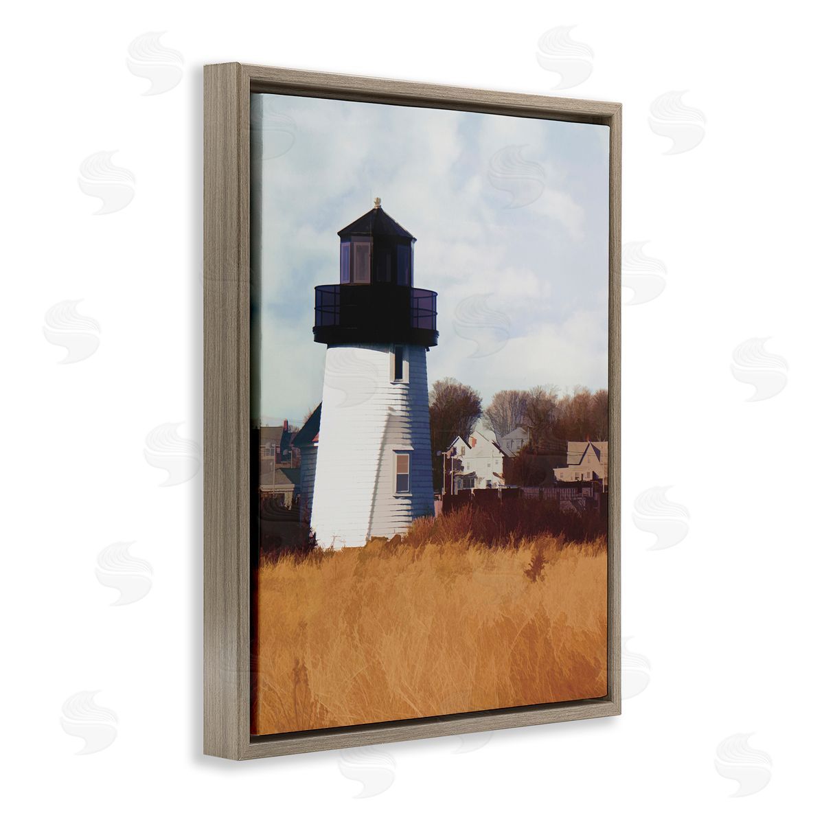 Hyannis Lighthouse Landscape Brown Floating Frame Canvas Wall Art, Home Decor by Graffi*tee Studios