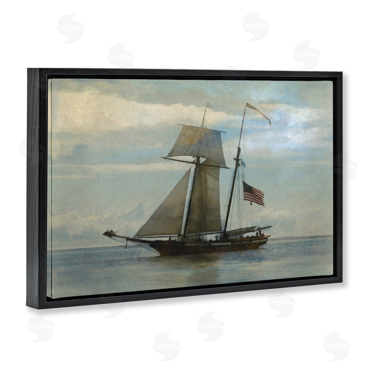 Classic Ship with Flag Black Floating Frame Canvas Wall Art, Home Decor by Graffi*tee Studios