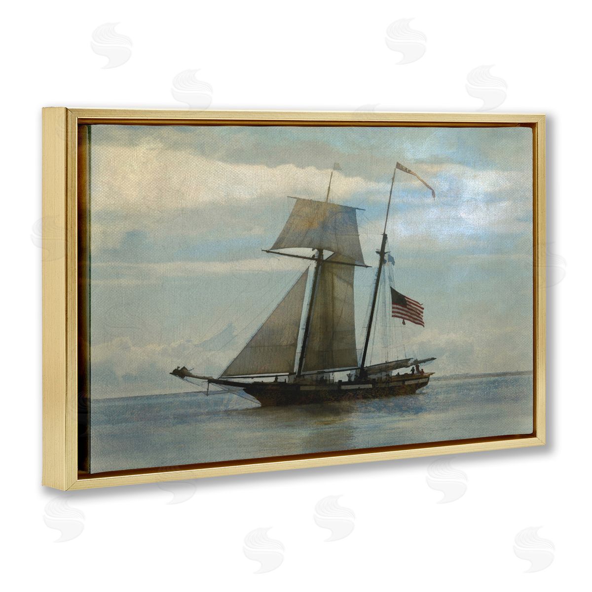 Classic Ship with Flag Gold Floating Frame Canvas Wall Art, Home Decor by Graffi*tee Studios