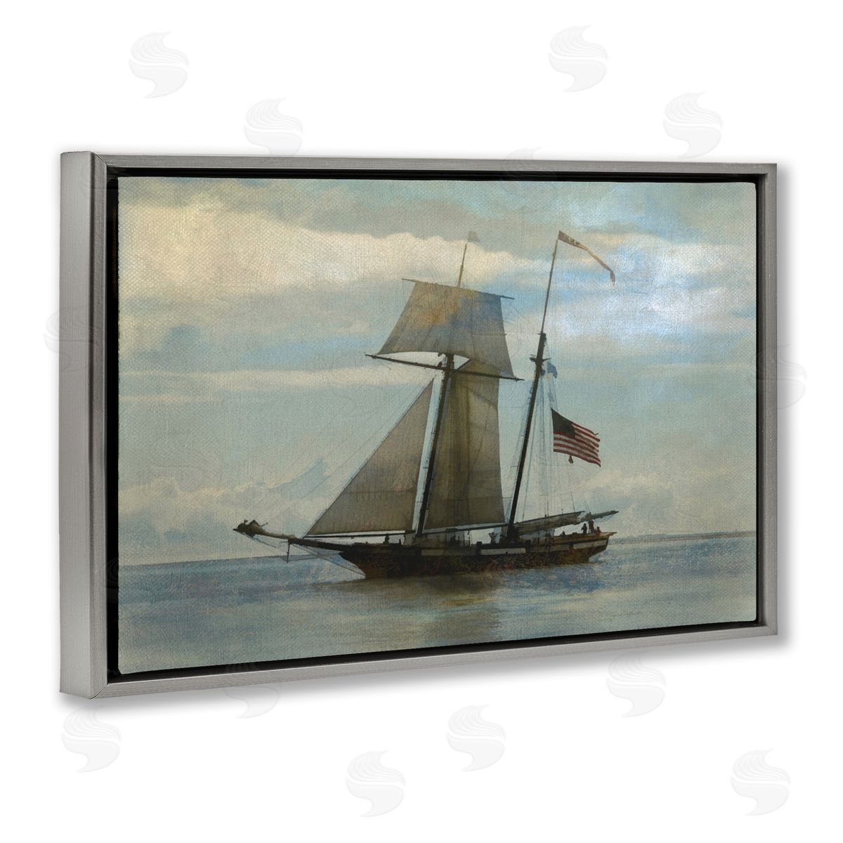 Classic Ship with Flag Grey Floating Frame Canvas Wall Art, Home Decor by Graffi*tee Studios
