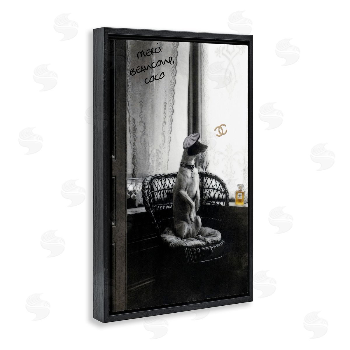 Chic Dog with French Words Black Floating Frame Canvas Wall Art, Home Decor by Graffi*tee Studios