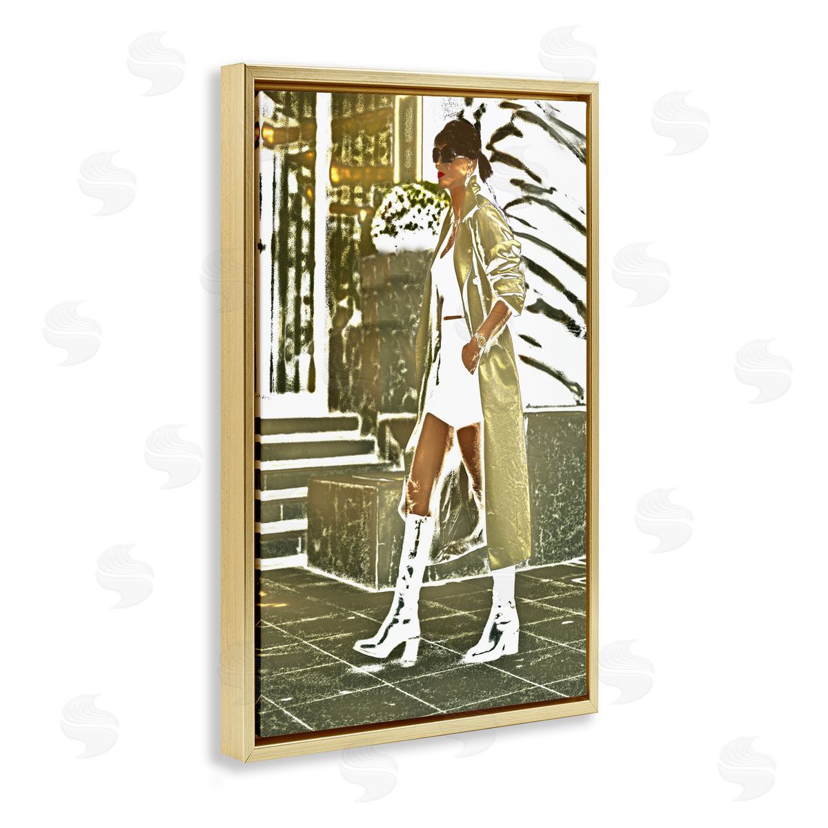 Girl in Gold Trenchcoat Gold Floating Frame Canvas Wall Art, Home Decor by Graffi*tee Studios