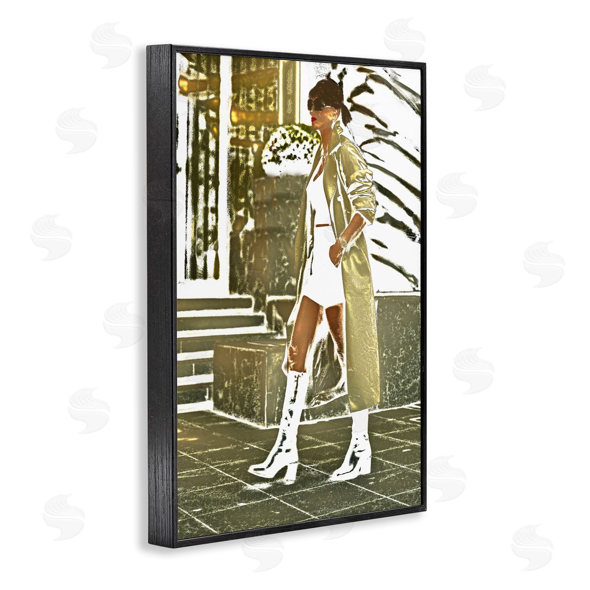 Girl in Gold Trenchcoat Black Frame Print Wall Art, Home Decor by Graffi*tee Studios