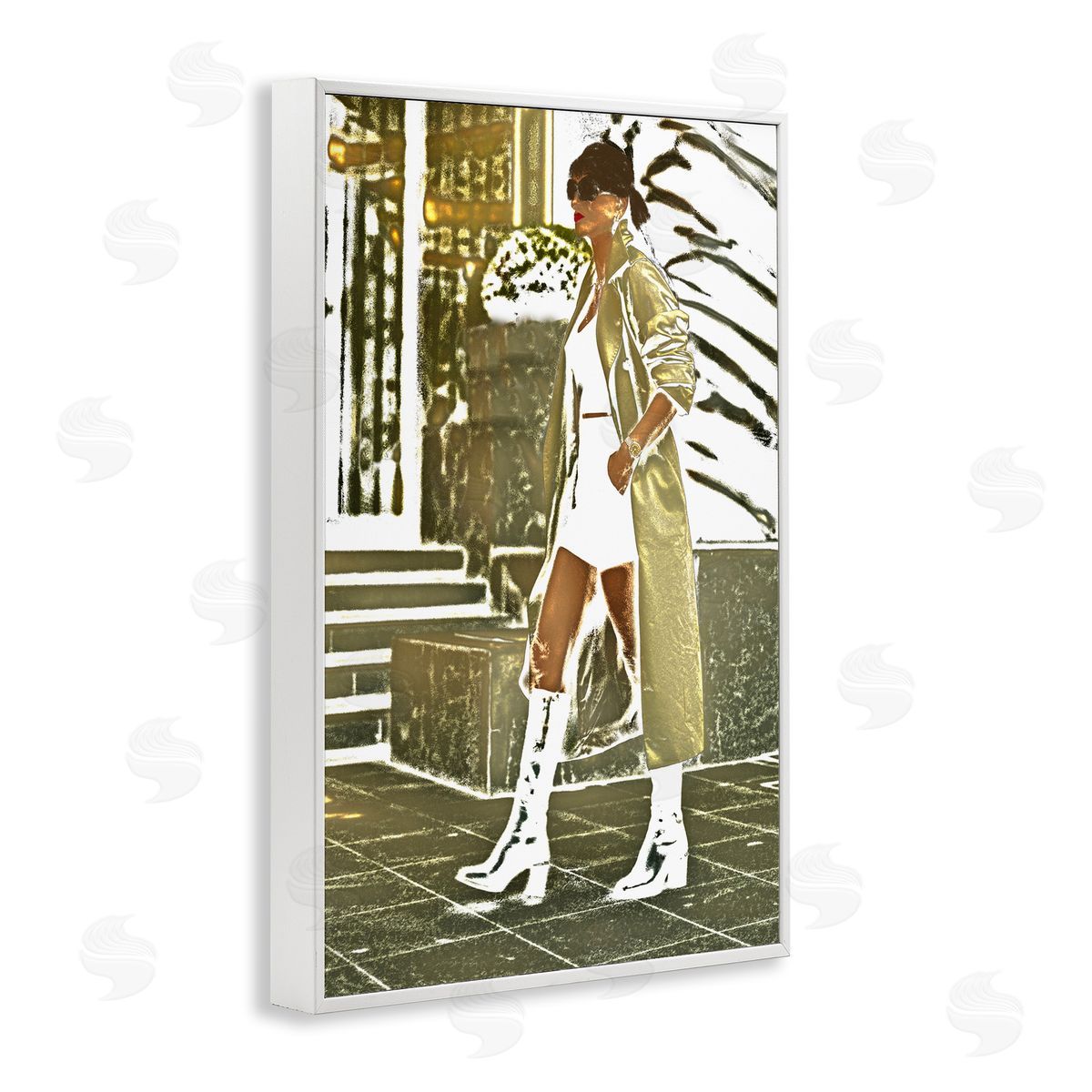 Girl in Gold Trenchcoat White Frame Print Wall Art, Home Decor by Graffi*tee Studios