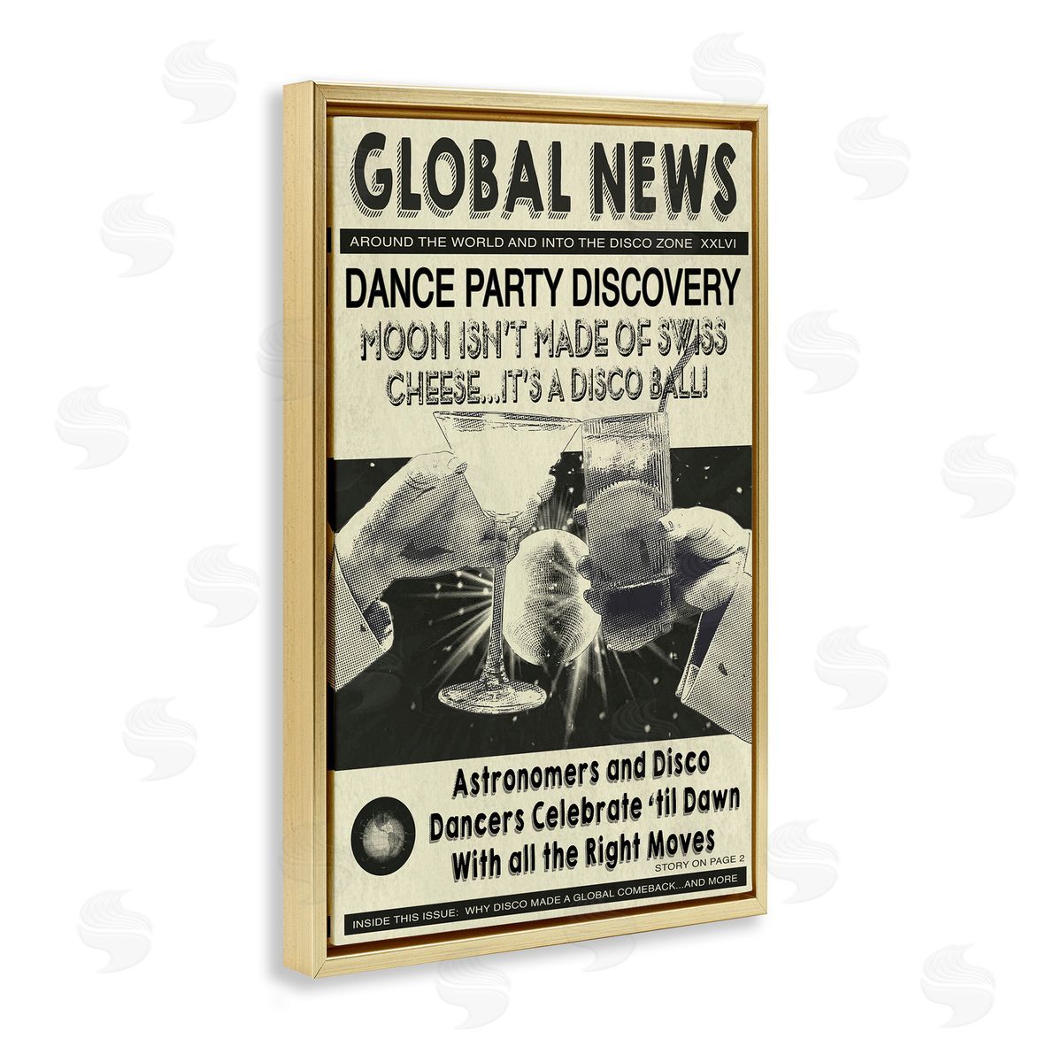Vintage Disco News Article Gold Floating Frame Canvas Wall Art, Home Decor by Graffi*tee Studios