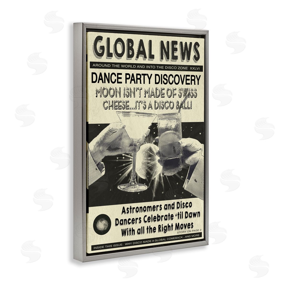 Vintage Disco News Article Grey Floating Frame Canvas Wall Art, Home Decor by Graffi*tee Studios