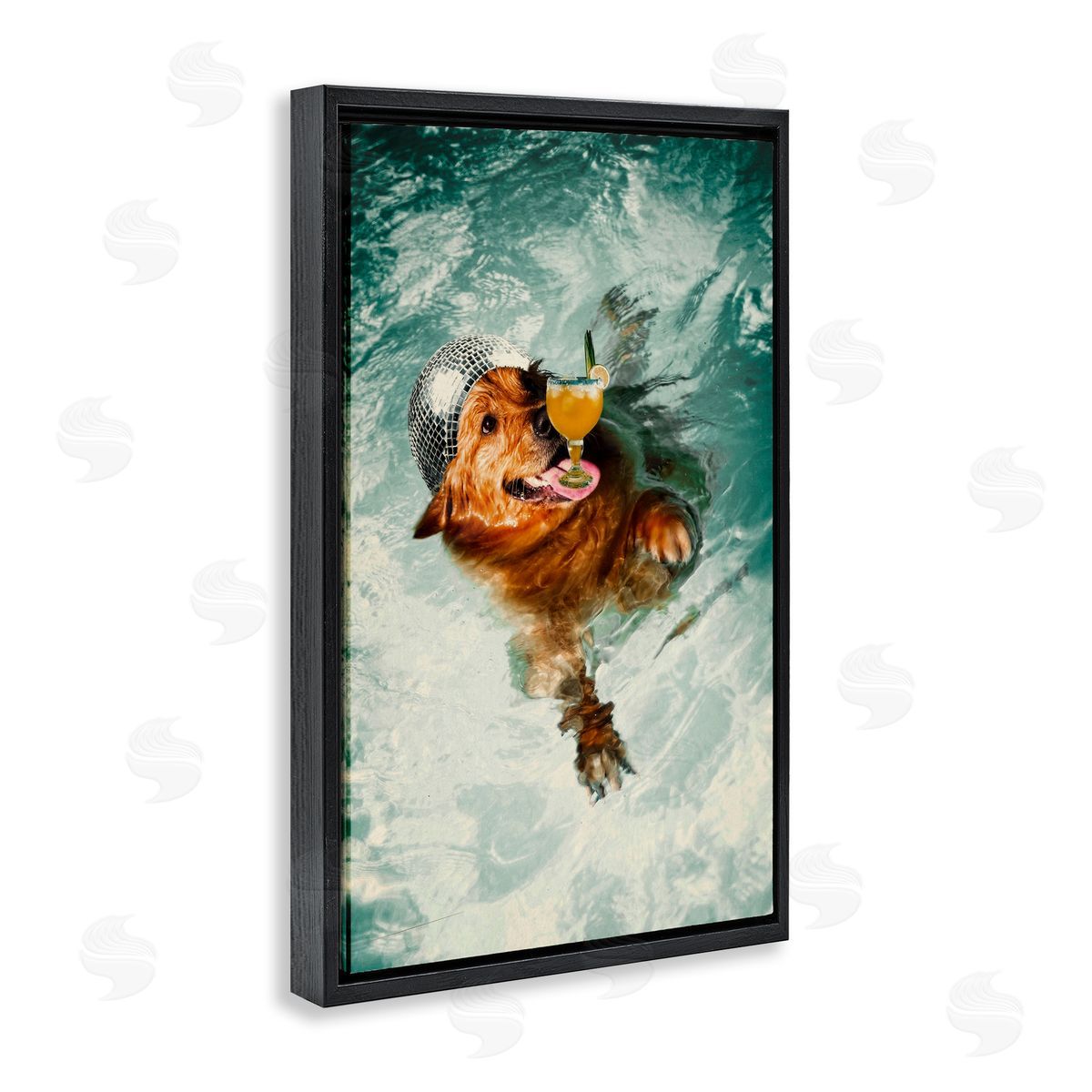 Disco Dog in Pool Black Floating Frame Canvas Wall Art, Home Decor by Graffi*tee Studios