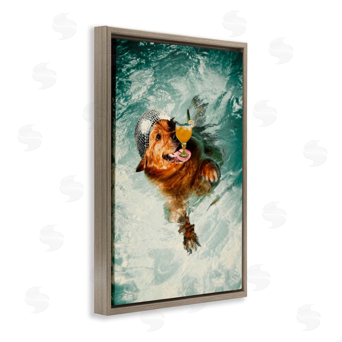 Disco Dog in Pool Brown Floating Frame Canvas Wall Art, Home Decor by Graffi*tee Studios