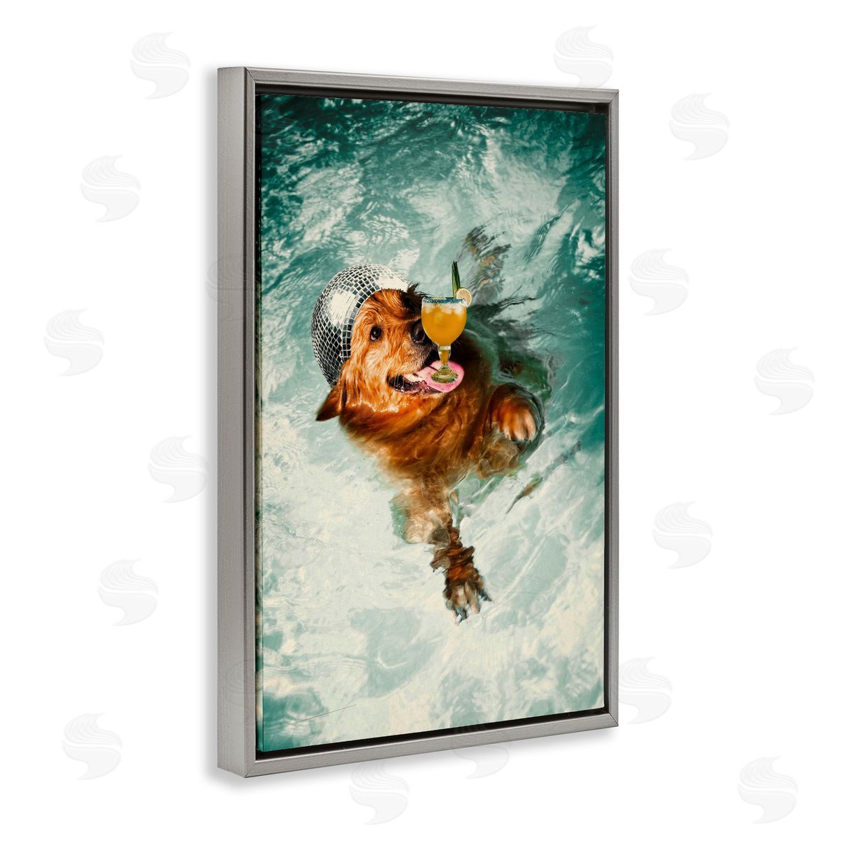 Disco Dog in Pool Grey Floating Frame Canvas Wall Art, Home Decor by Graffi*tee Studios
