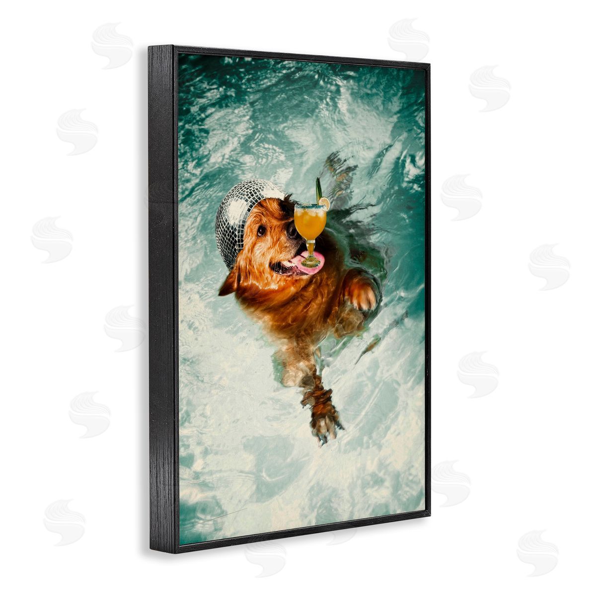 Disco Dog in Pool Black Frame Print Wall Art, Home Decor by Graffi*tee Studios