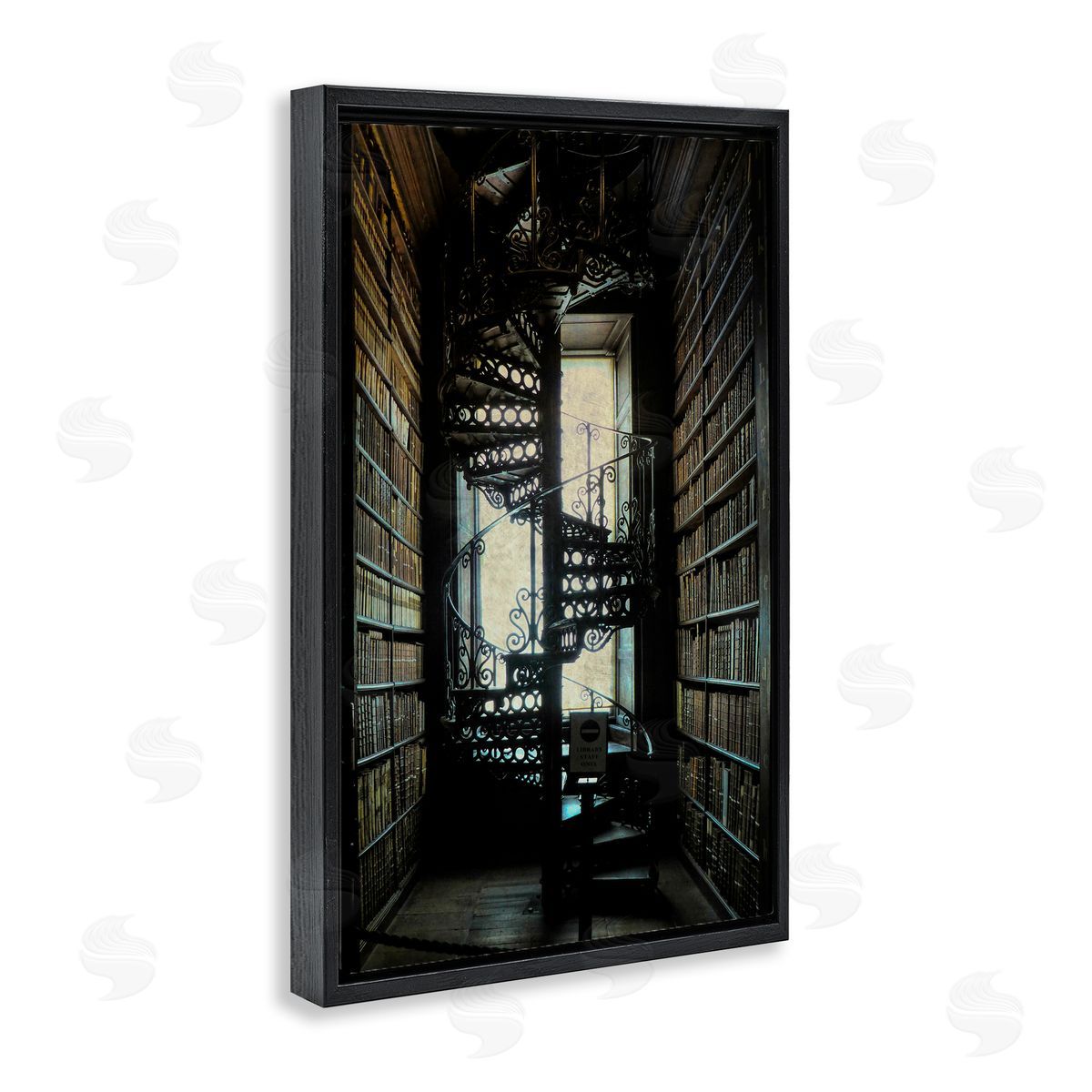 Vintage Library Spiral Stairs Black Floating Frame Canvas Wall Art, Home Decor by Graffi*tee Studios