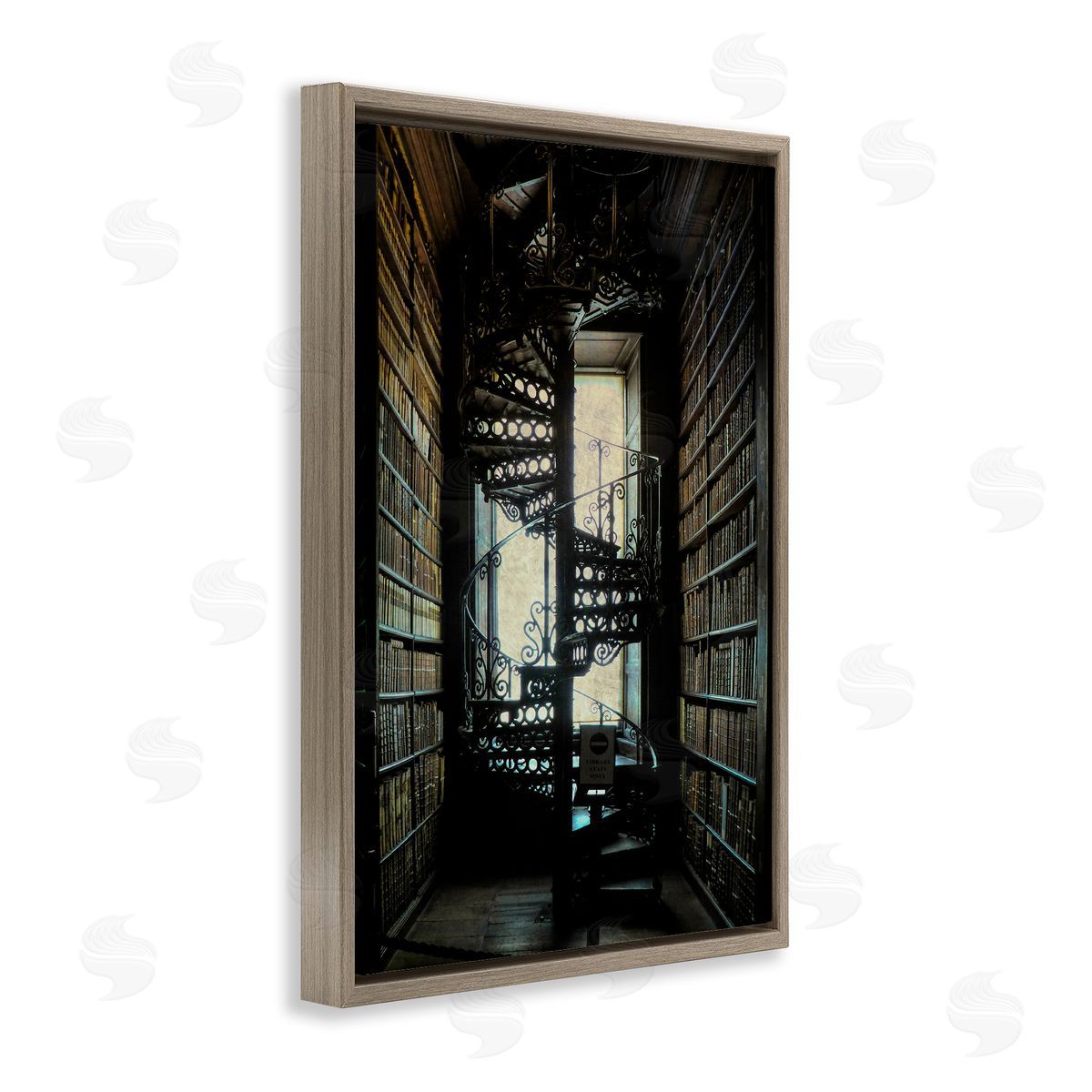 Vintage Library Spiral Stairs Brown Floating Frame Canvas Wall Art, Home Decor by Graffi*tee Studios