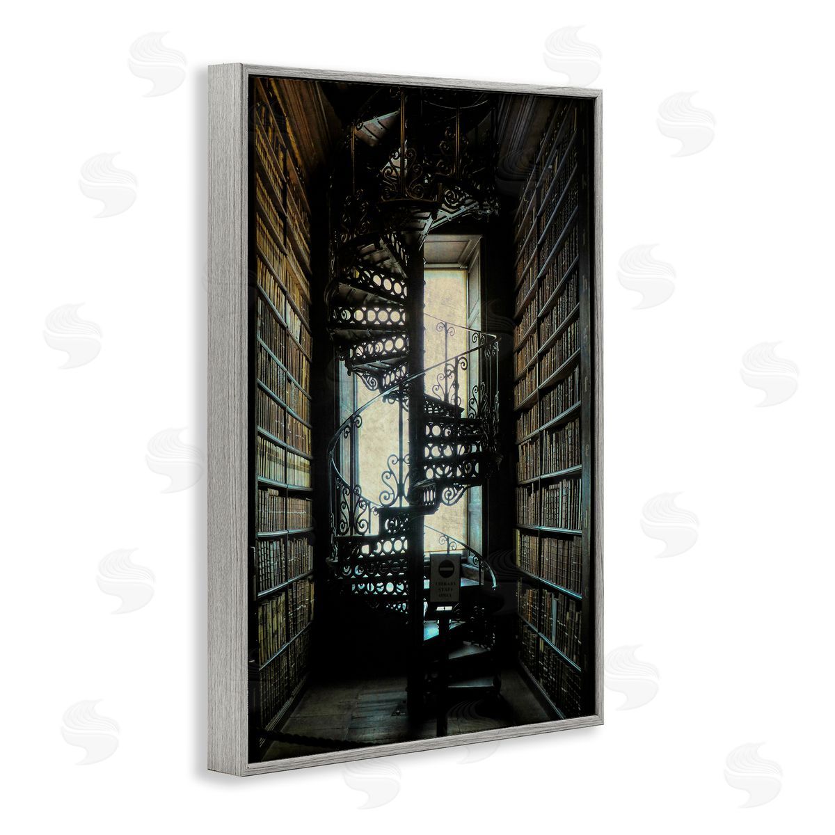 Vintage Library Spiral Stairs Grey Frame Print Wall Art, Home Decor by Graffi*tee Studios