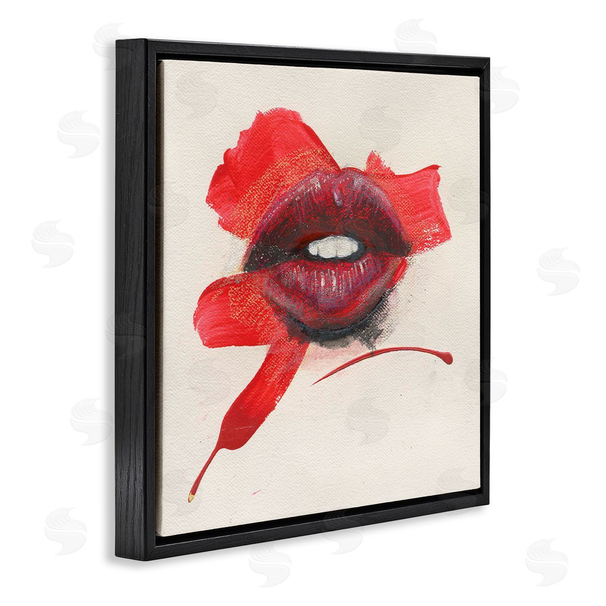 Red Lips Paint Streak Black Floating Frame Canvas Wall Art, Home Decor by Daniel Houston