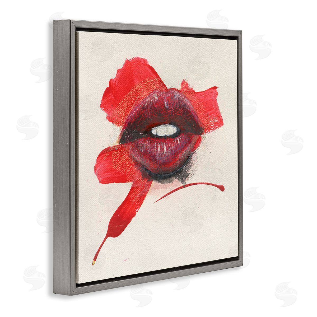 Red Lips Paint Streak Grey Floating Frame Canvas Wall Art, Home Decor by Daniel Houston
