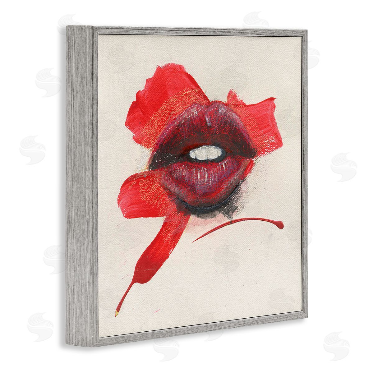 Red Lips Paint Streak Grey Frame Print Wall Art, Home Decor by Daniel Houston