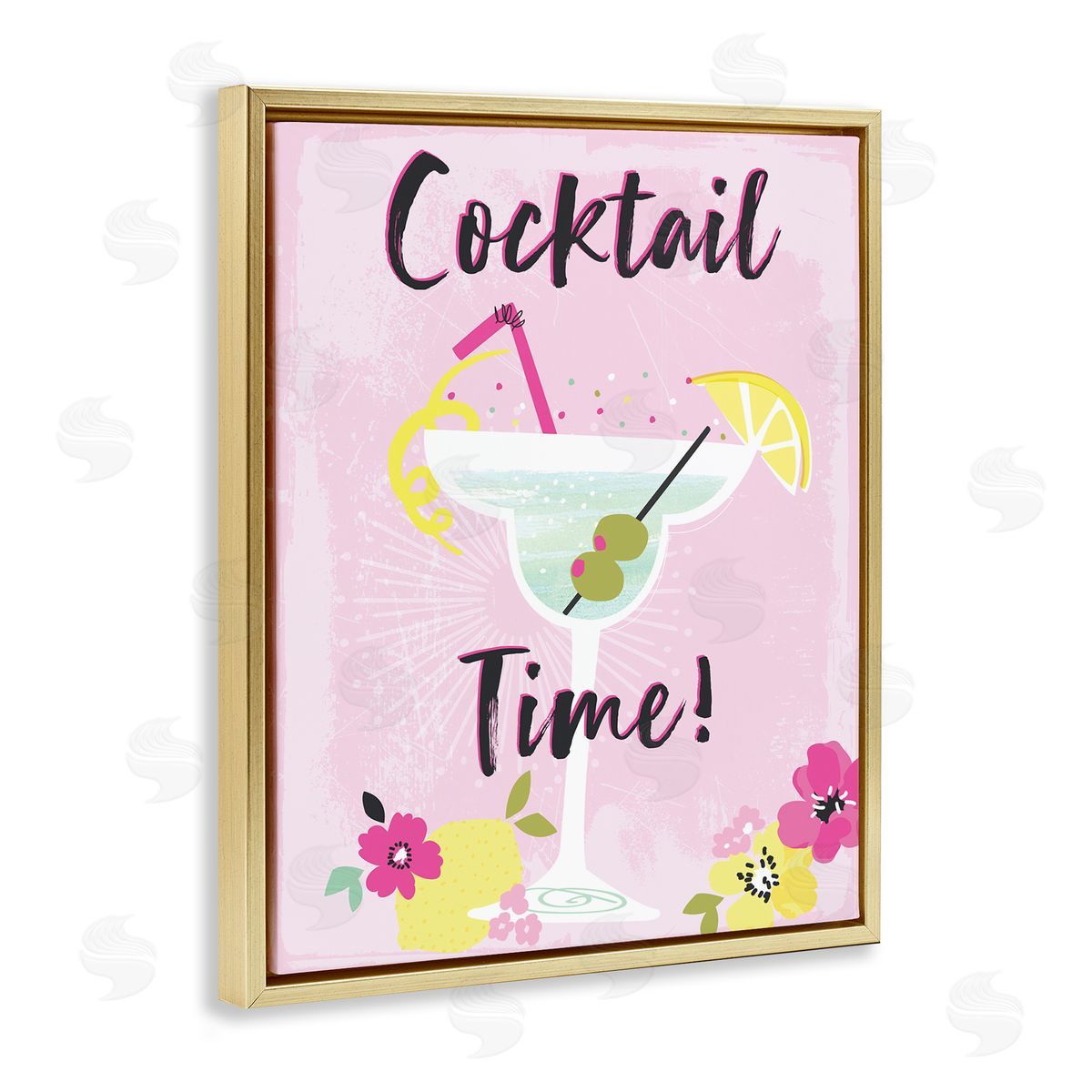 Pink Cocktail Time Gold Floating Frame Canvas Wall Art, Home Decor by Angela Nickeas