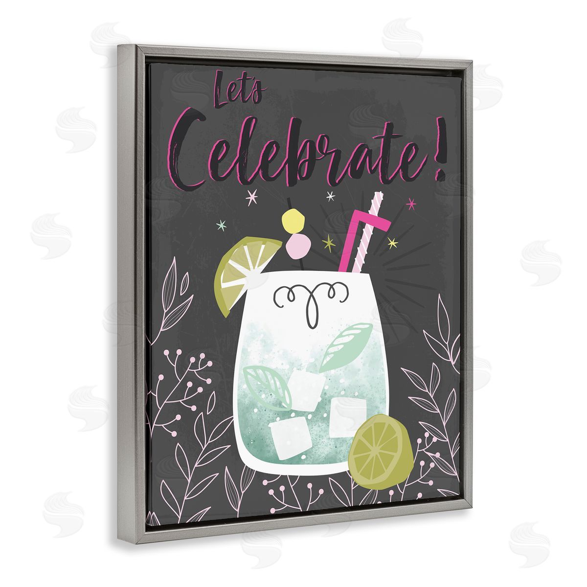 Let's Celebrate Cocktail Grey Floating Frame Canvas Wall Art, Home Decor by Angela Nickeas