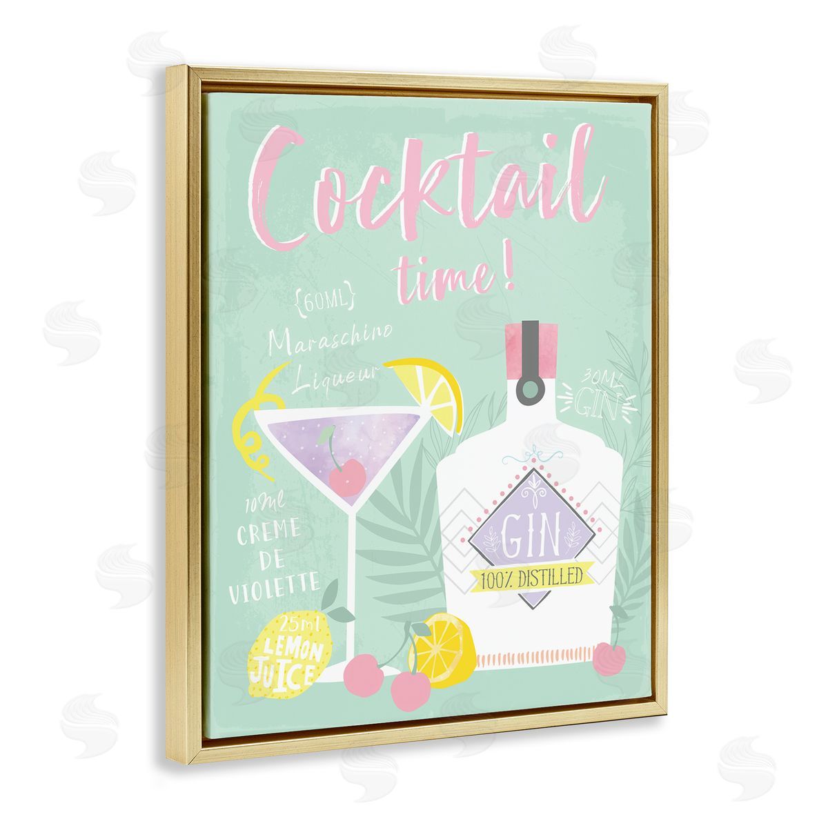 Cocktail Time with Recipe Gold Floating Frame Canvas Wall Art, Home Decor by Angela Nickeas