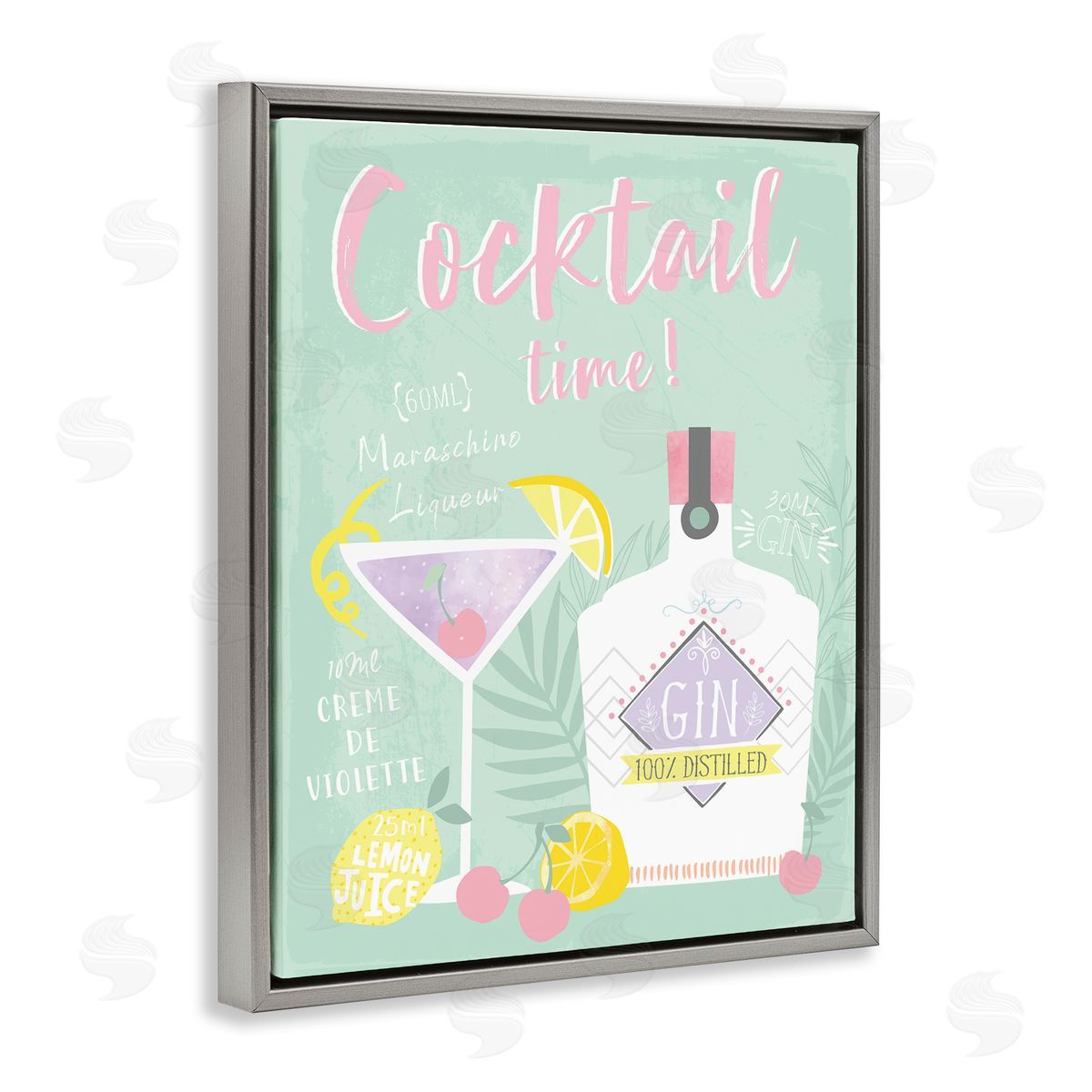 Cocktail Time with Recipe Grey Floating Frame Canvas Wall Art, Home Decor by Angela Nickeas