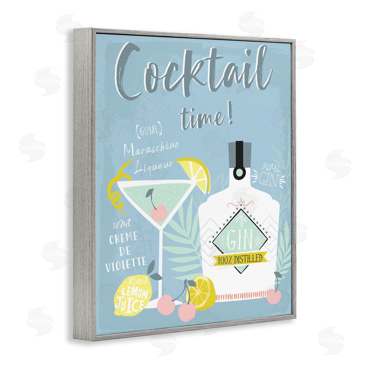Cocktail Time Gin Recipe Grey Frame Print Wall Art, Home Decor by Angela Nickeas