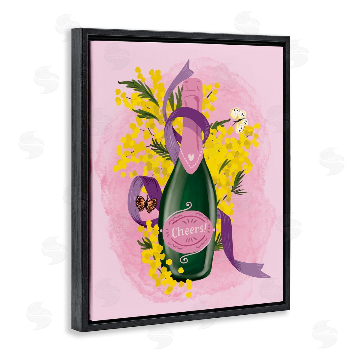 Floral Champagne Bottle Black Floating Frame Canvas Wall Art, Home Decor by Be Ni La