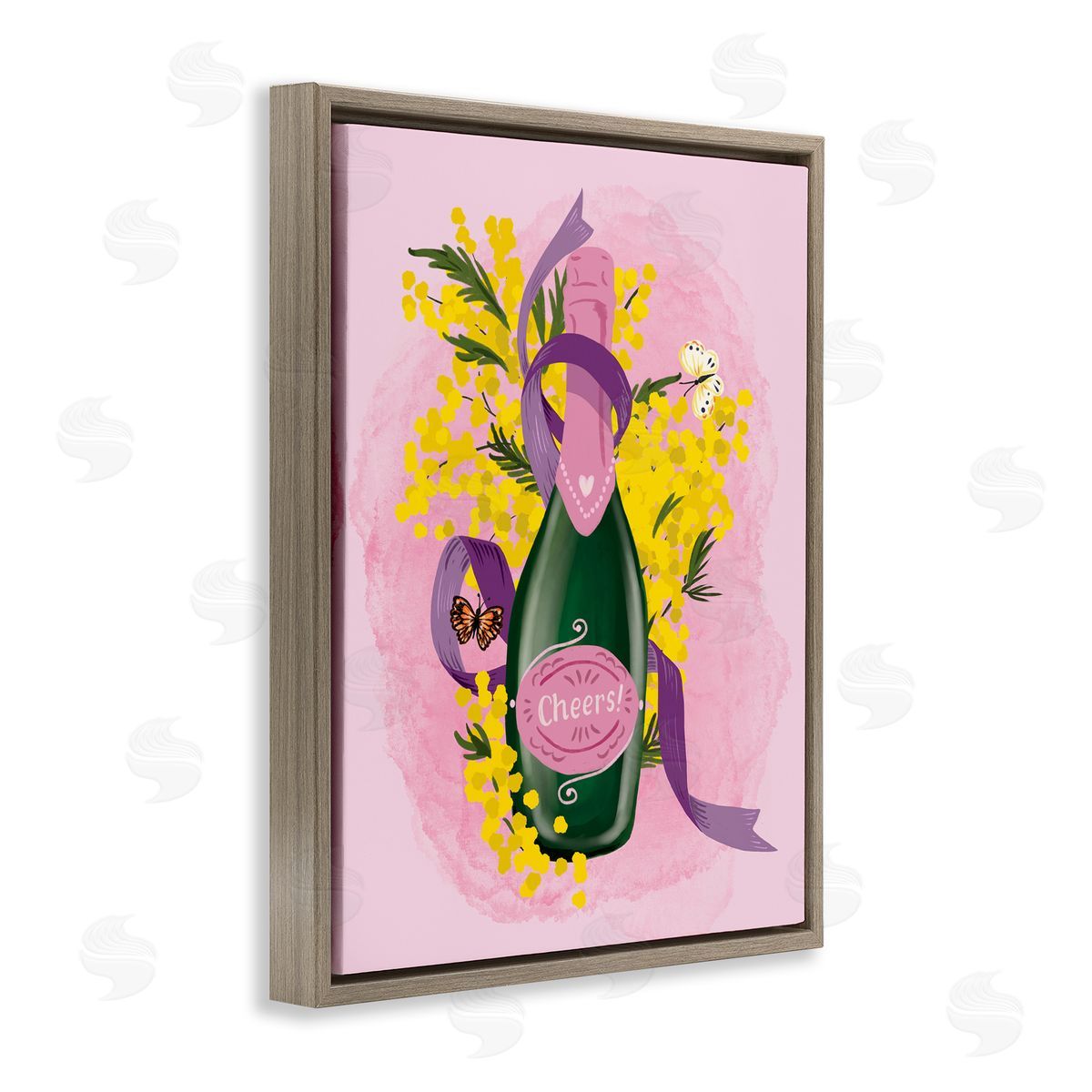 Floral Champagne Bottle Brown Floating Frame Canvas Wall Art, Home Decor by Be Ni La