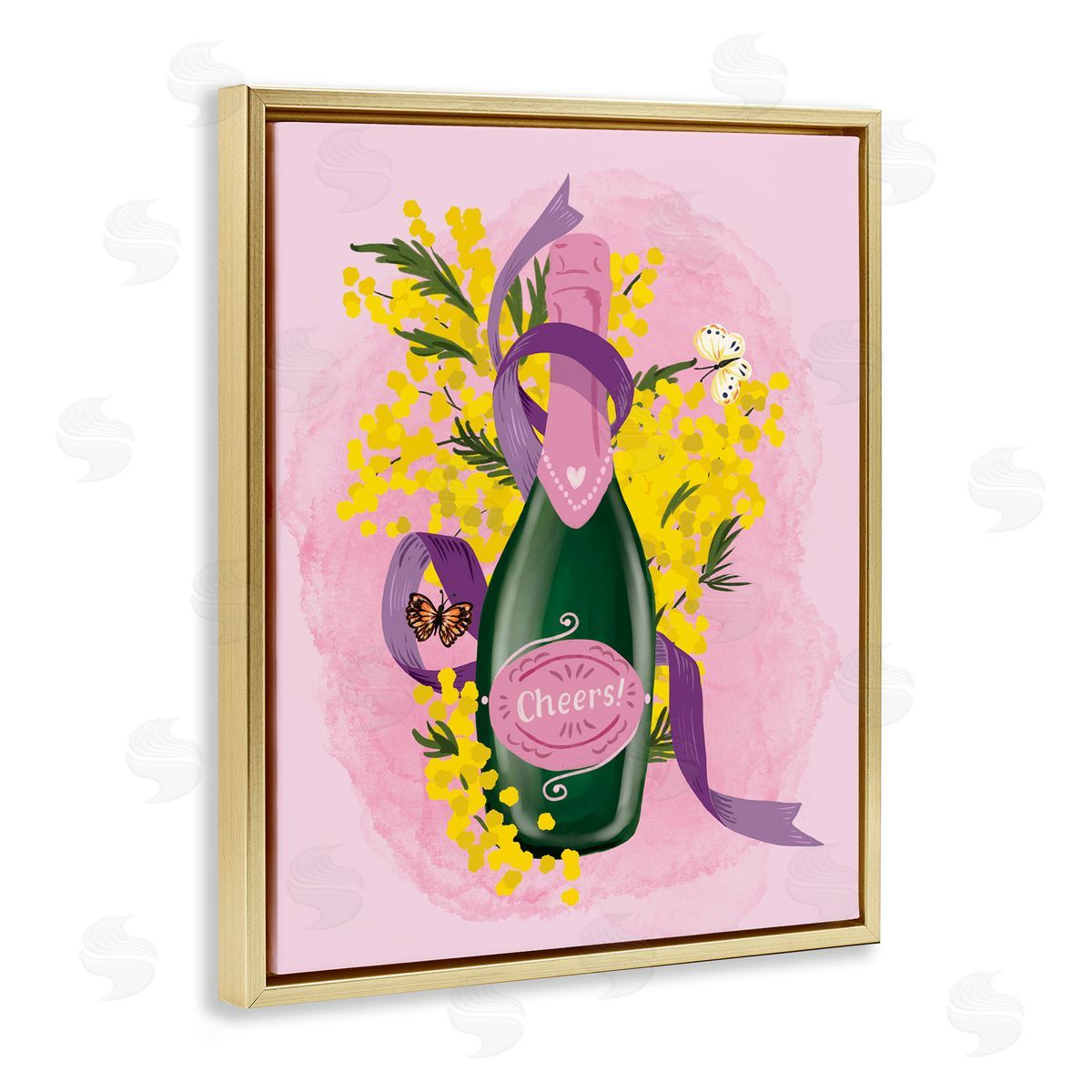 Floral Champagne Bottle Gold Floating Frame Canvas Wall Art, Home Decor by Be Ni La