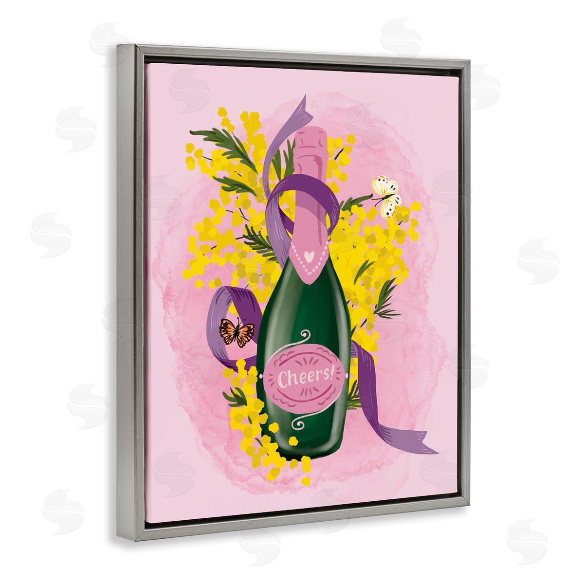 Floral Champagne Bottle Grey Floating Frame Canvas Wall Art, Home Decor by Be Ni La