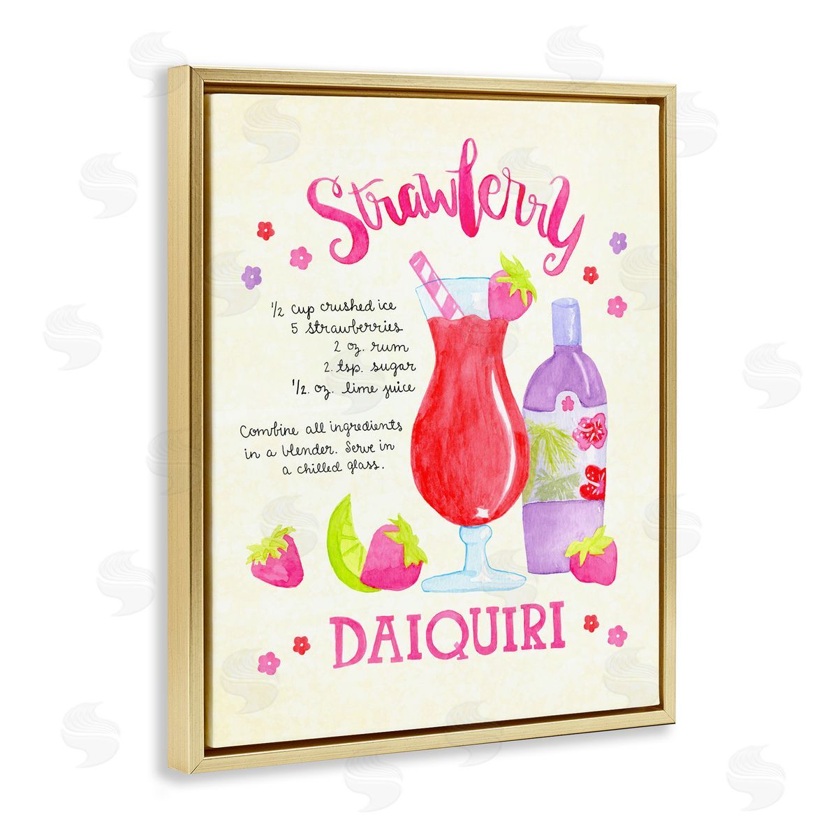Strawberry Daiquiri Recipe Gold Floating Frame Canvas Wall Art, Home Decor by Jessica Weifle