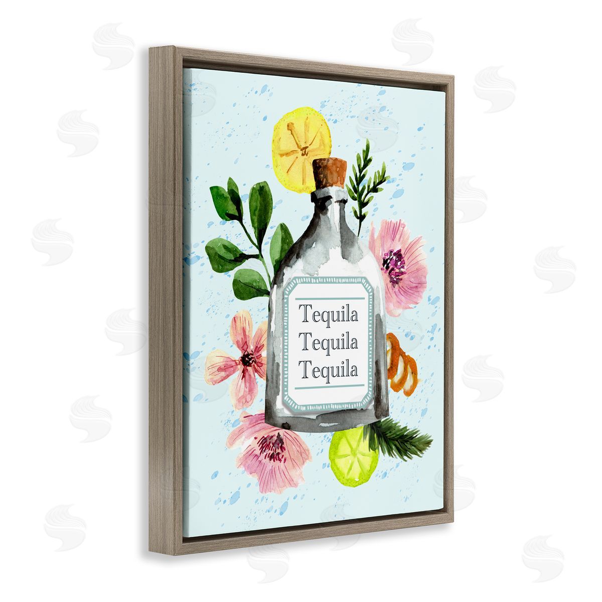 Floral Tequila Bottle Brown Floating Frame Canvas Wall Art, Home Decor by Kate Eldridge