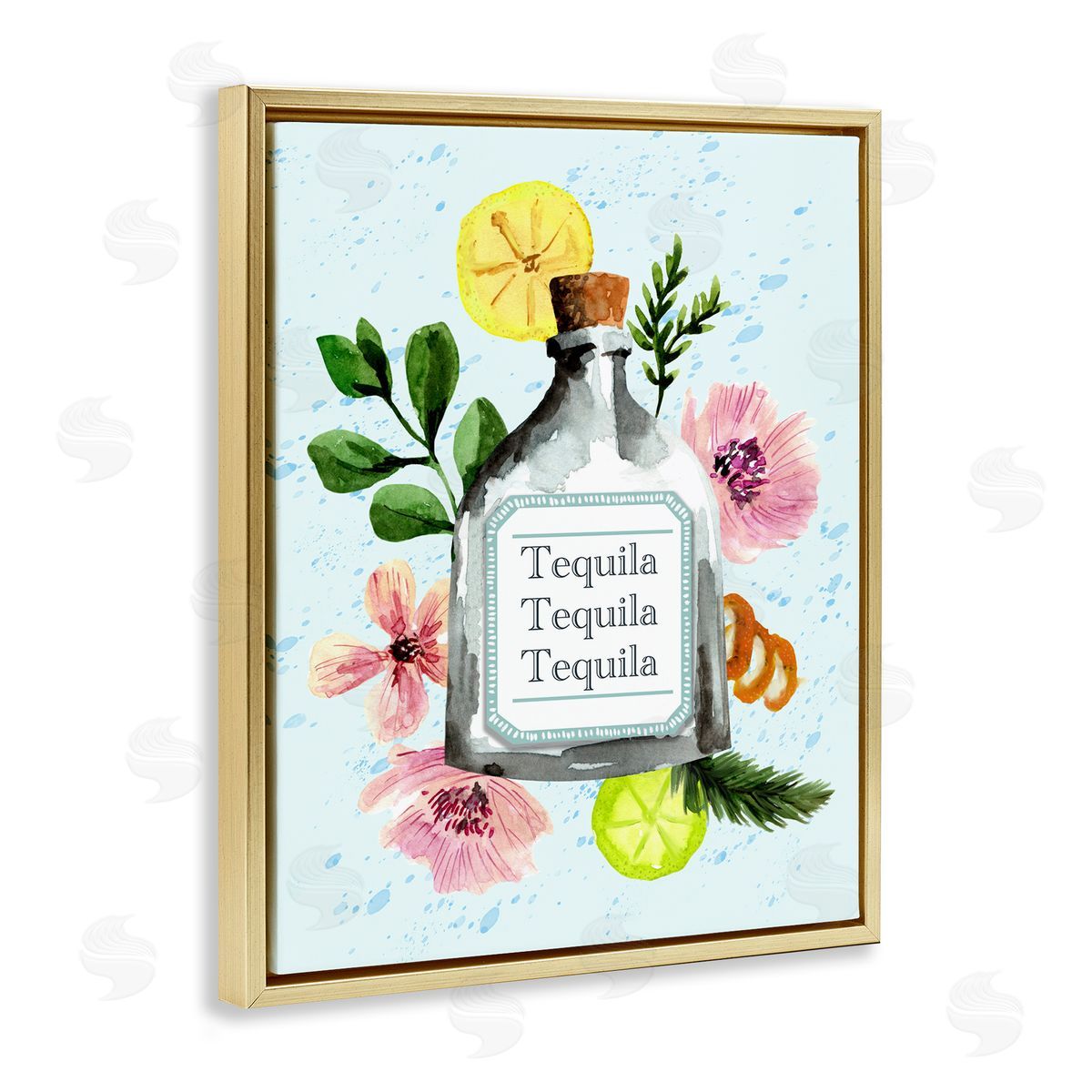 Floral Tequila Bottle Gold Floating Frame Canvas Wall Art, Home Decor by Kate Eldridge