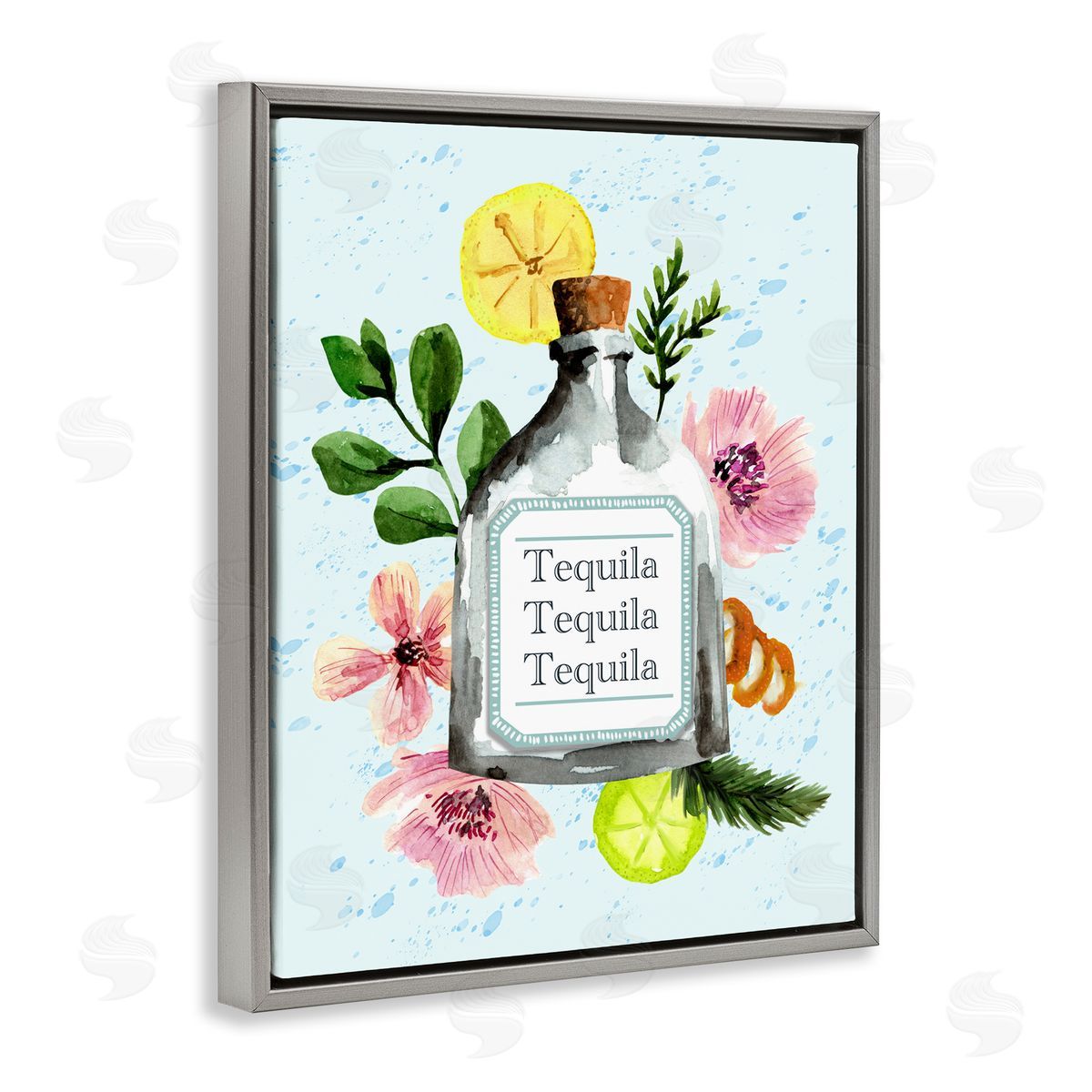 Floral Tequila Bottle Grey Floating Frame Canvas Wall Art, Home Decor by Kate Eldridge