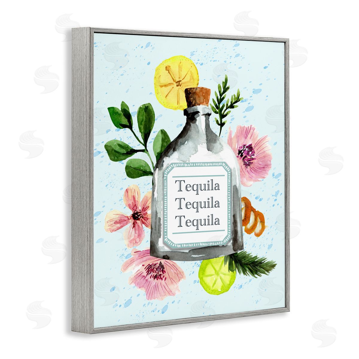 Floral Tequila Bottle Grey Frame Print Wall Art, Home Decor by Kate Eldridge