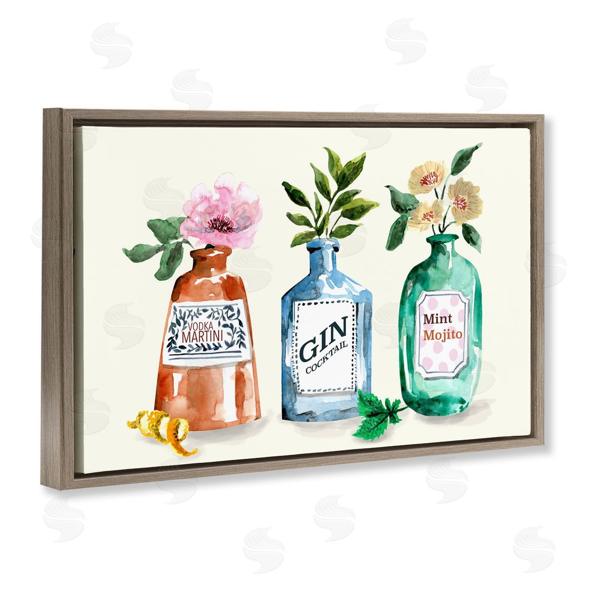 Floral Alcohol Bottles Brown Floating Frame Canvas Wall Art, Home Decor by Kate Eldridge
