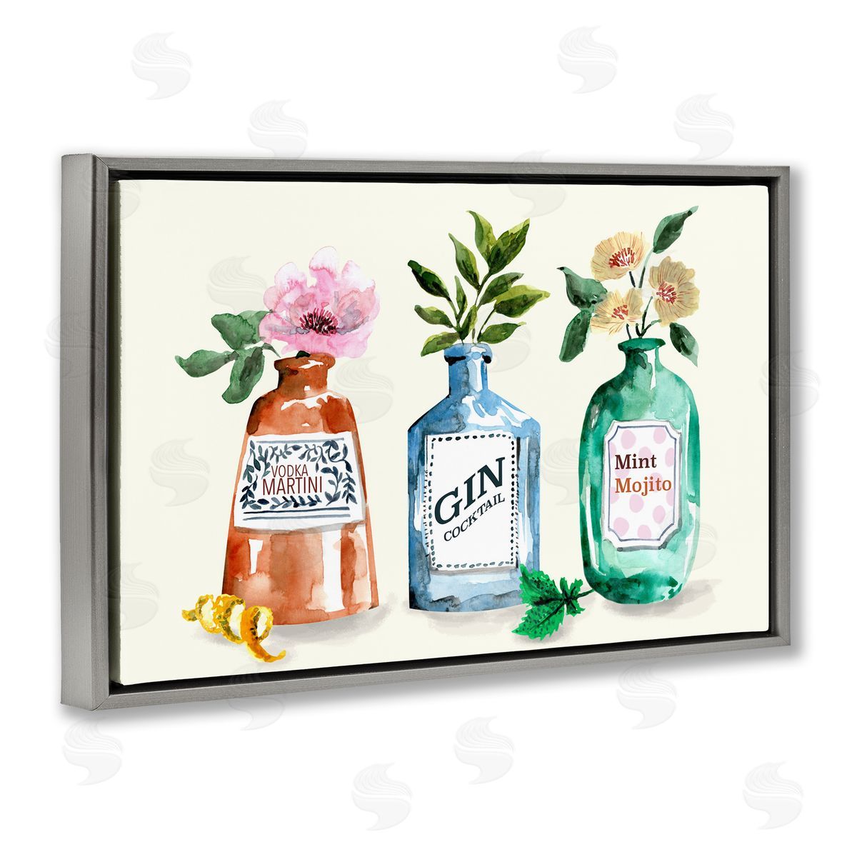 Floral Alcohol Bottles Grey Floating Frame Canvas Wall Art, Home Decor by Kate Eldridge