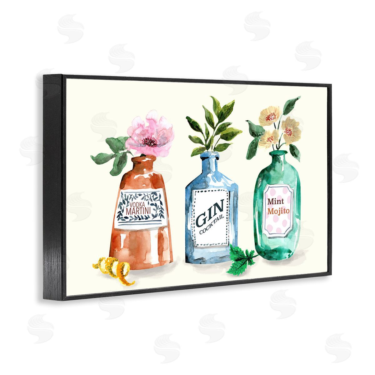 Floral Alcohol Bottles Black Frame Print Wall Art, Home Decor by Kate Eldridge